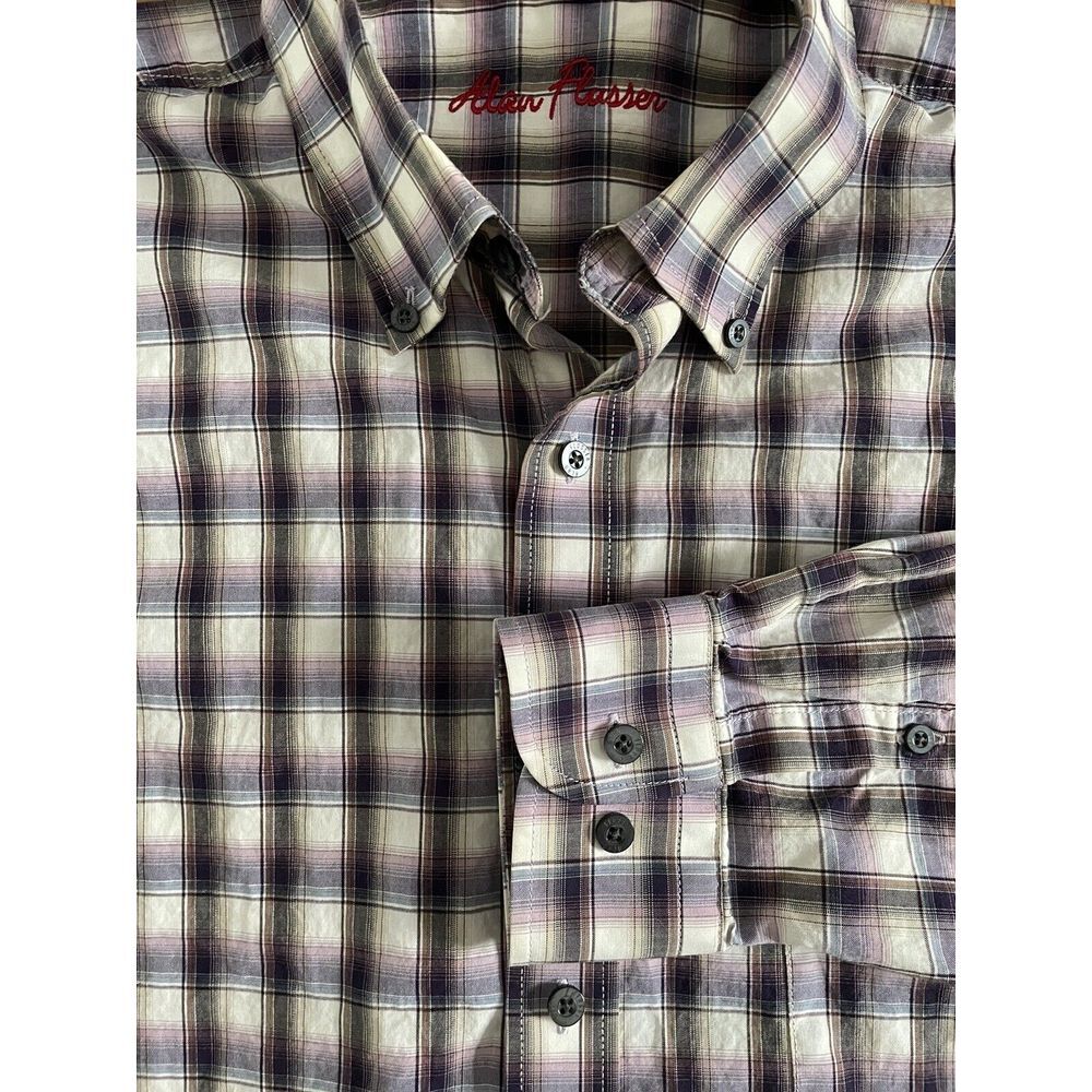 Alan Flusser Mens Plaid Check Long Sleeve Collared Button Down Dress Shirt Large
